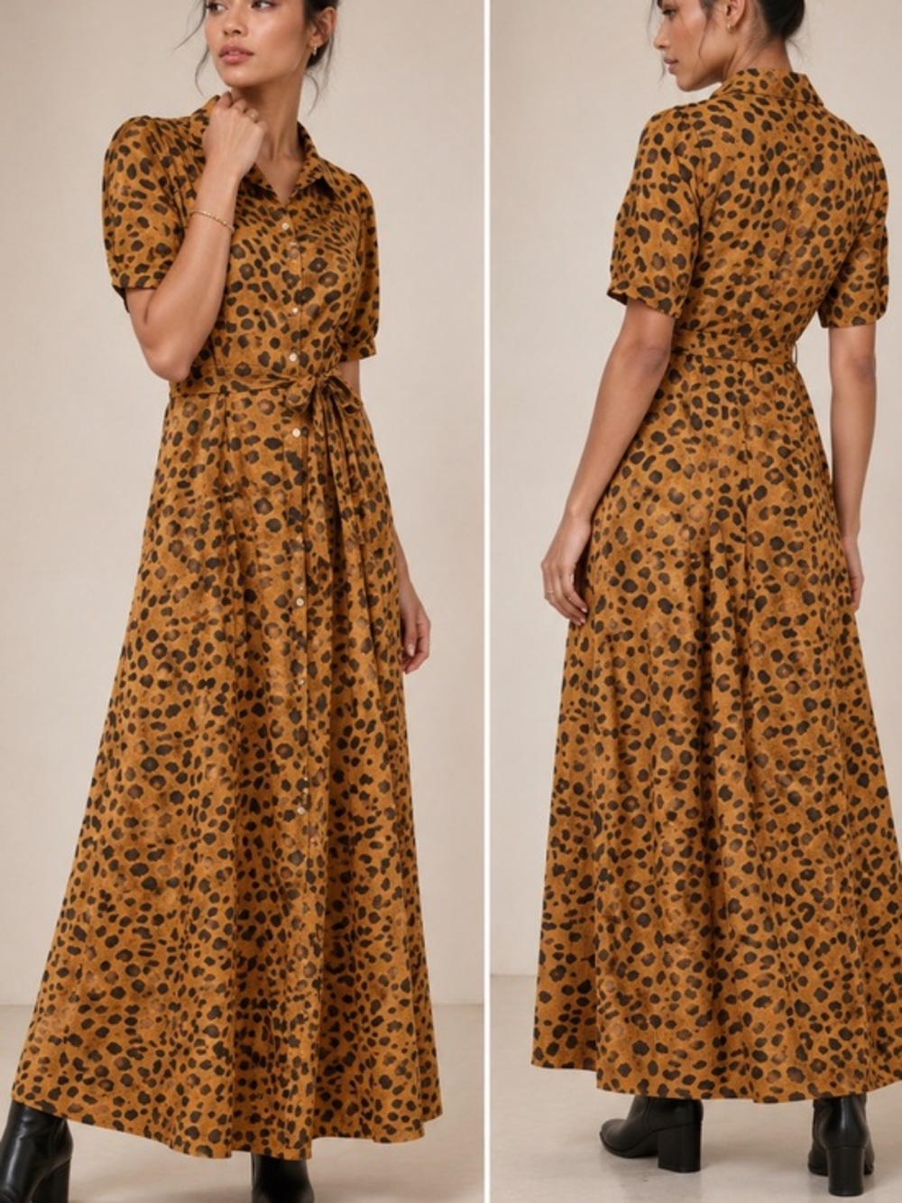 Anthropologie Porridge Vianne Leopard Print Maxi Shirt Dress Belted Button Down